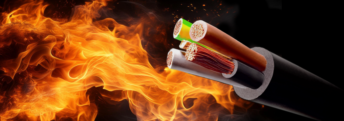 Flames engulfing a halogen-free cable with 4 cores against a black background. The cable is flame-retardant.